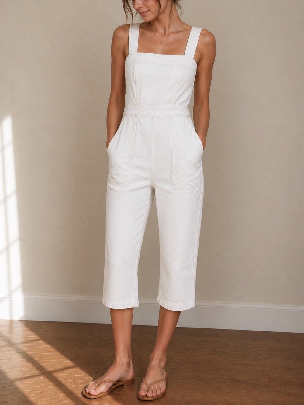 Japna White Cropped Square-Neck Jumpsuit